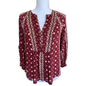 Lucky Brand Womens Top Size XS Burgundy Multicolor V-Neck Boho Peasant